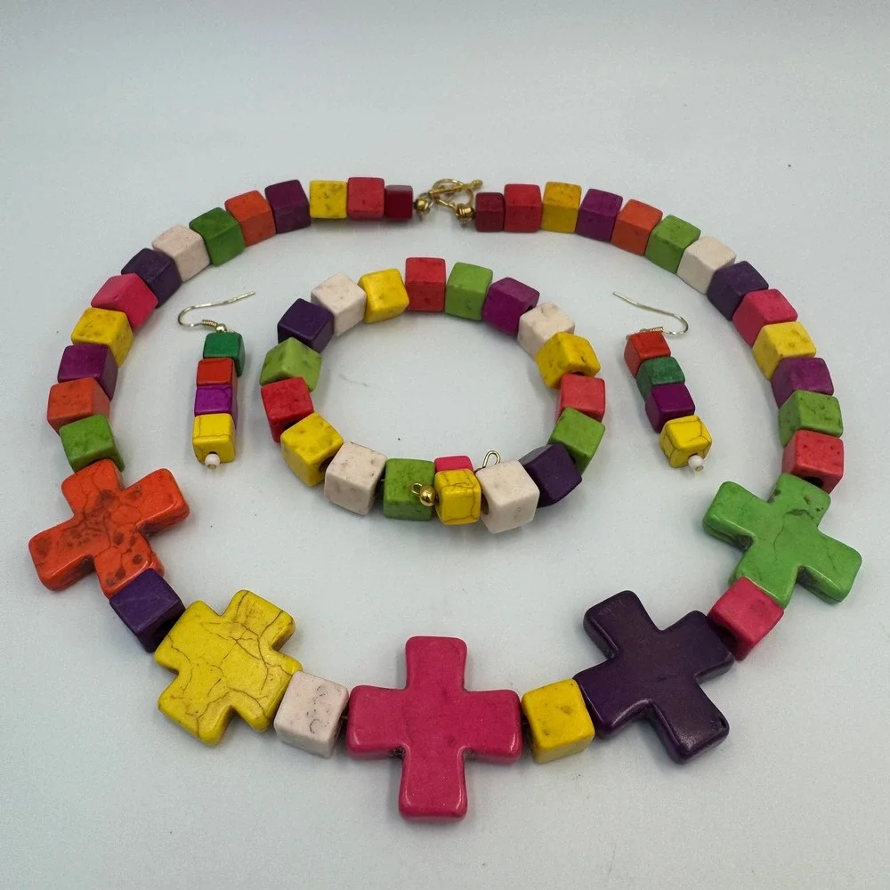 Multicolor Stone Cube Cross‎ Jewelry Set Necklace Bracelet Earrings Boho Rainbow